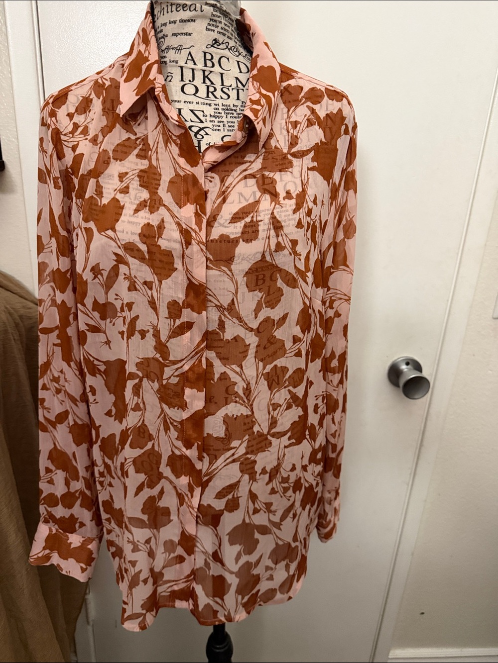 Light Pink and Rust Floral Button-Up Blouse
